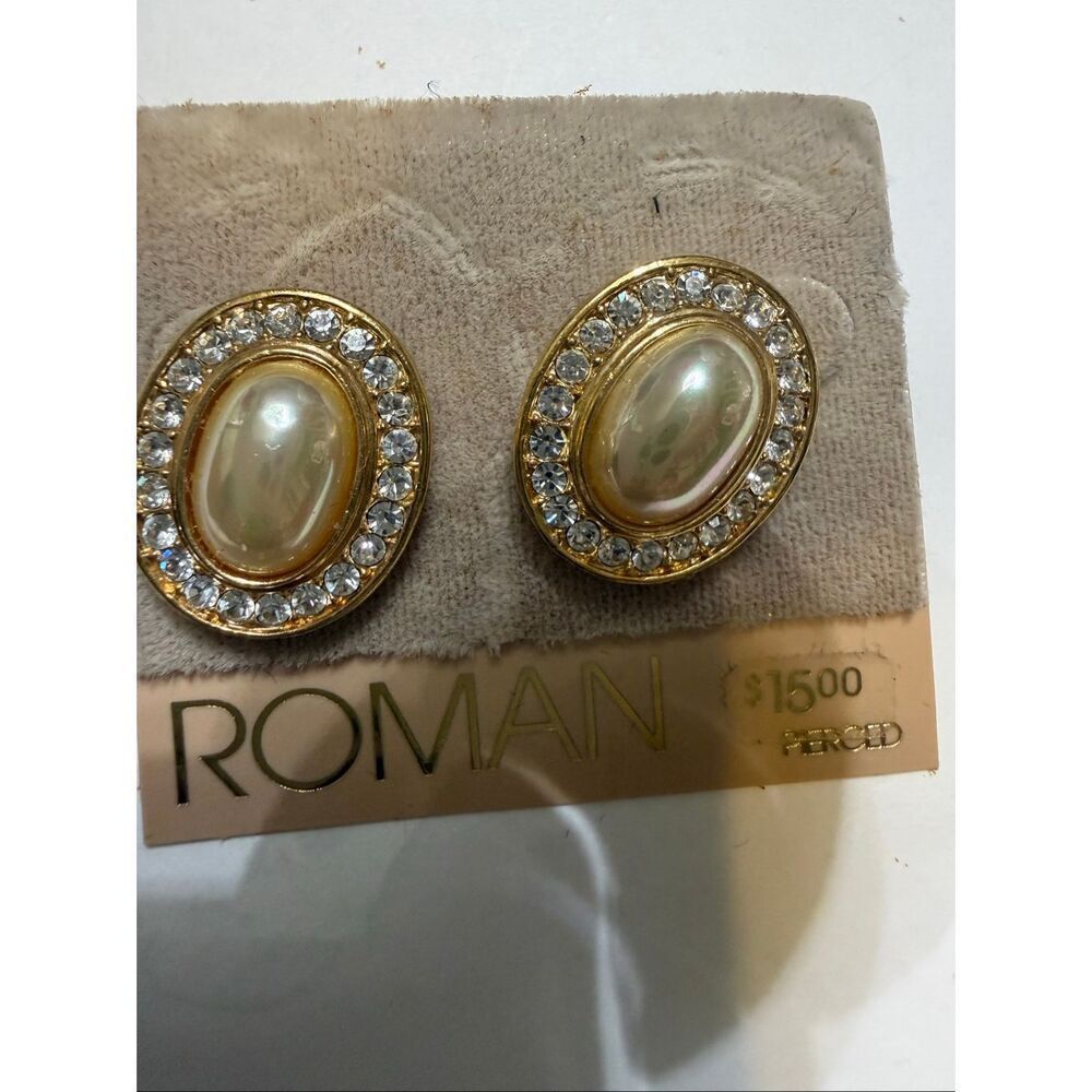 Vintage Roman Women's Gold-Tone Oval Faux Pearl Rhinestone Pierced Earrings NWT